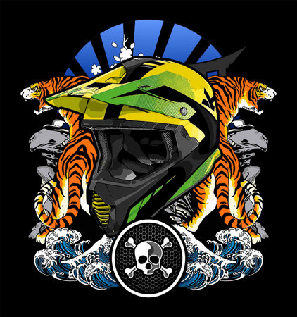 Motorcycle helmet and tiger. Vector illustration isolated on black background.のイラスト素材