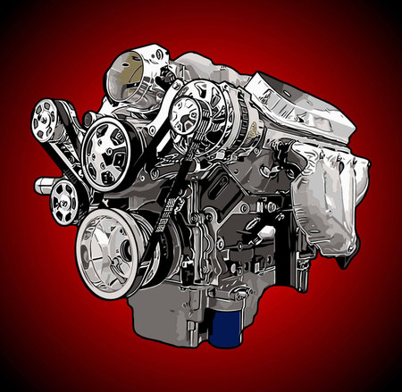 Illustration of an old powerful car engine on a red background.のイラスト素材