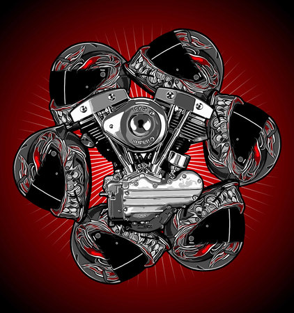 Vector illustration of a motorcycle helmet with gears on a red background.のイラスト素材