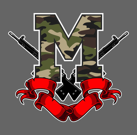 Letter M with a camouflage pattern, a pair of guns and a red ribbonのイラスト素材