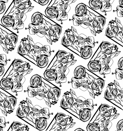 Seamless pattern with motorcyclists. Hand drawn vector illustration.のイラスト素材