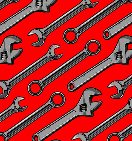 Seamless pattern with adjustable wrench on red background. Vector illustration.のイラスト素材