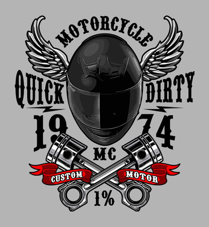 Motorcycle vintage label with helmet, pistons and wings isolated vector illustrationのイラスト素材