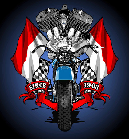 Motorcycle biker with flags on blue background. Vector illustration.のイラスト素材