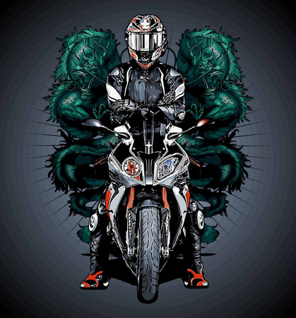 Vector illustration of a motorcycle rider on a dark background. Side view.