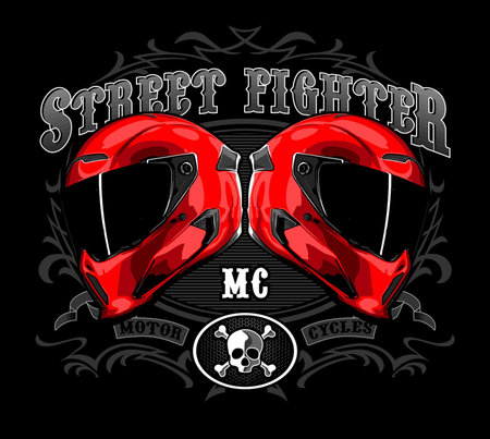 Vector illustration of red motorcycle helmet on black background. Motorcycle design element.のイラスト素材