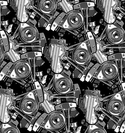 Seamless pattern with vintage cameras on a black background. Vector illustration.のイラスト素材
