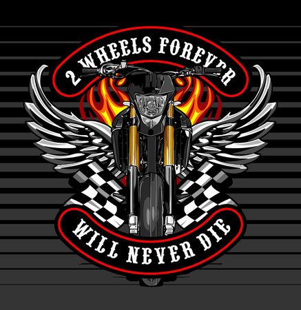 Motorcycle racer with wings and flame on black background. Vector illustrationのイラスト素材