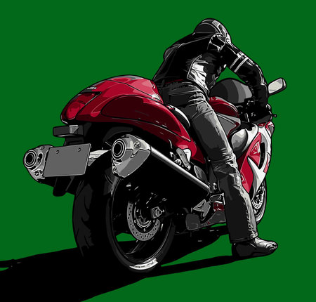 Biker on a red sport bike on a green background. Vector illustrationのイラスト素材