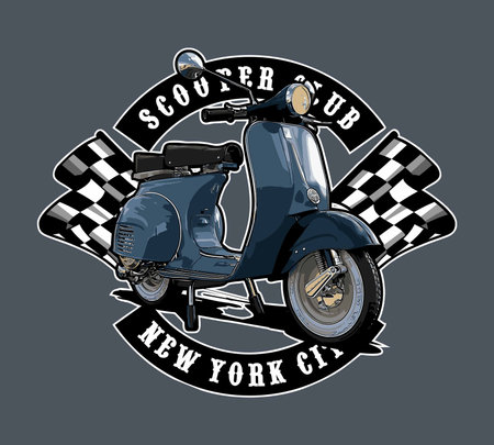 Vector illustration of vintage scooter with checkered flag on a gray backgroundのイラスト素材