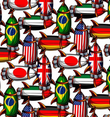 Seamless pattern with rockets and flags of different countries. Vector illustrationのイラスト素材