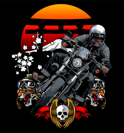 Motorcycle rider on the road. Vector illustration. Design element for t-shirt, poster, banner.のイラスト素材