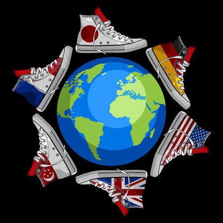 Sneakers around the globe. Vector illustration on black background.のイラスト素材