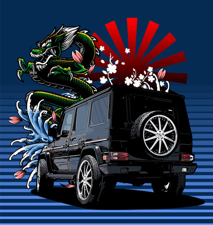 Vector illustration of a dragon riding on a black suv car.のイラスト素材