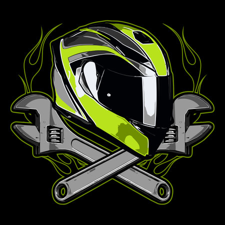 Motorcycle helmet with crossed wrenches on black background. Vector illustration.のイラスト素材