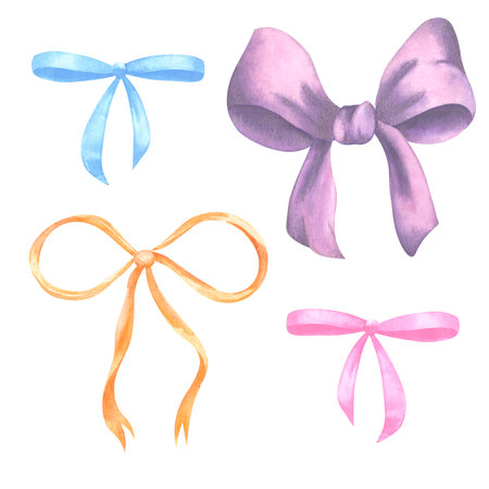 A set of watercolor illustrations with a ribbon and a bow. Hand-drawn, isolated on a white background.の写真素材