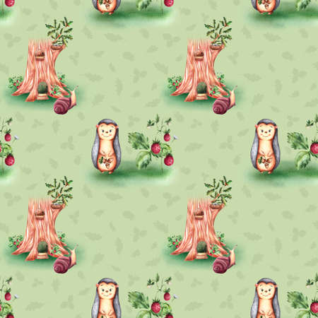 Seamless watercolor pattern with heroes - a hedgehog and a snail in a strawberry on a white background.の写真素材