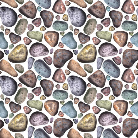Seamless pattern of multicolored sea stones painted in watercolor on a white background.