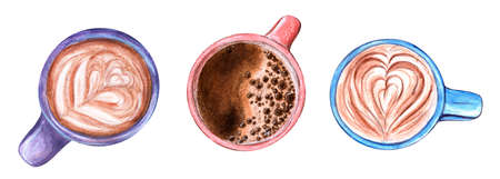 A set of multicolored coffee cups painted in watercolor and isolated on a white background.の写真素材