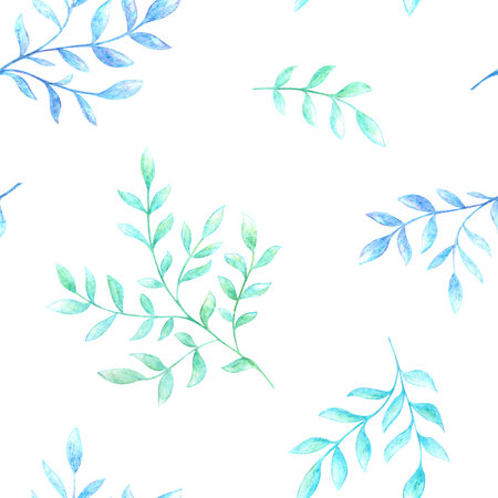 A pattern with twigs drawn with watercolor pencils, highlighted on a white background.の写真素材
