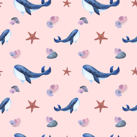 Underwater world with sea animals, whales, starfish and shells. Hand drawn watercolor illustration. Seamless pattern on peach backgroundの写真素材