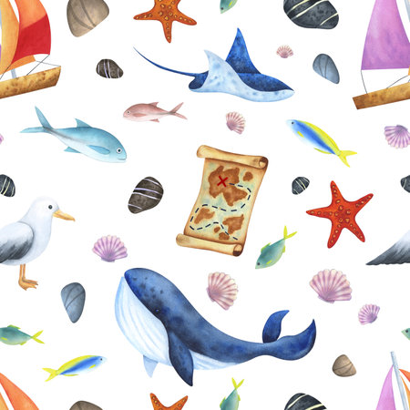 Sea animals, whale, stingray, fish, map, ship, shells, stones on a white background. Watercolor illustration. Seamless pattern. For fabrics, textiles, wallpaper, wrapping paper, design.の写真素材