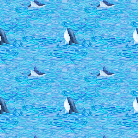 Sea animals stingray, whale against a background of blue and turquoise waves. Watercolor illustration. Seamless pattern. For fabrics, textiles, wallpaper, wrapping paper, designの写真素材