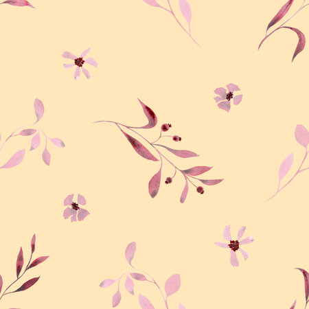 Monochrome burgundy twigs with leaves, berries and flowers. Seamless pattern on a yellow background. Hand drawn watercolor illustration. For design, fabrics, textiles, wallpaper, printsの写真素材
