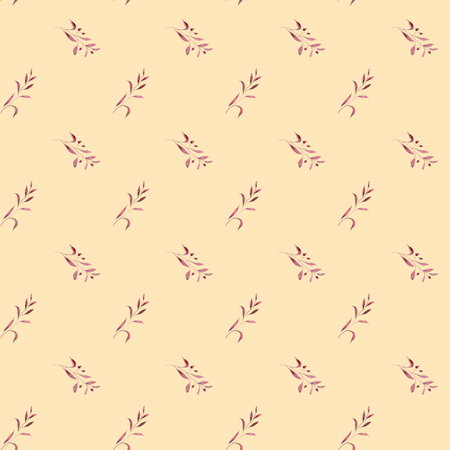 Monochrome burgundy twigs with leaves and berries. Seamless pattern on a yellow background. Hand drawn watercolor illustration. For design, fabrics, textiles, wallpaper, prints, wrapping paperの写真素材