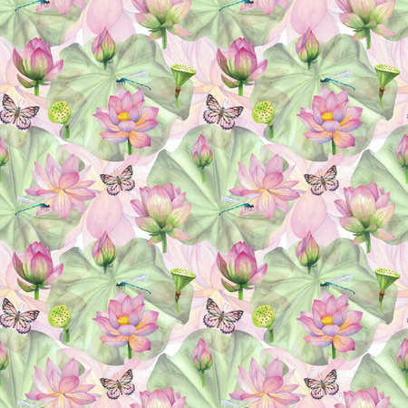 Pink lotus flowers, water lily and dragonfly with butterfly. Watercolor illustration seamless pattern on white background. For design and decor, fabrics, wallpaper, souvenirsの写真素材