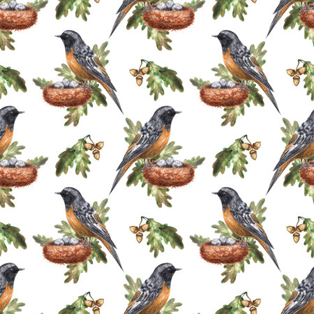 Redstart bird, oak leaves, acorns. Seamless pattern hand drawn with watercolor on a white background. For paper, textile, design, decor, wallpaperの写真素材