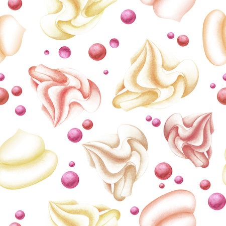 Marshmallow and meringue pink, white, cream, vanilla. Seamless pattern on a white background painted with watercolor. For design, textiles, menu, fabric, packaging, scrapbookingの写真素材