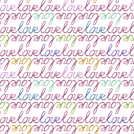 The word love handwritten multicolored text. Seamless pattern hand-drawn with watercolors on a white background. For design, advertising, postcards,  souvenirs, printingの写真素材