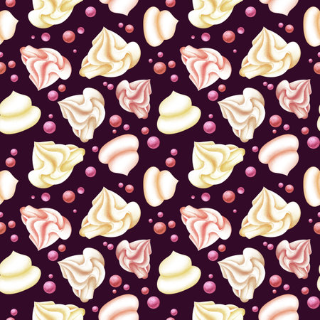 Marshmallow and meringue pink, white, cream, vanilla. Seamless pattern on a dark background painted...