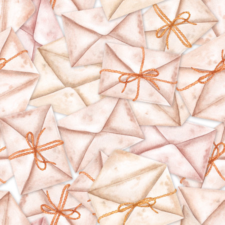 Vintage paper beige envelopes tied with a rope. Seamless pattern hand-drawn with watercolors on a white background. For design, printing, decor, souvenirsの写真素材