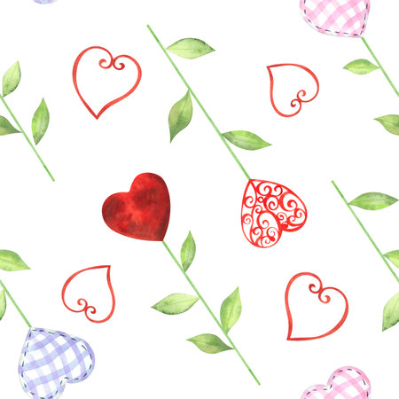 Flowers-hearts red, rag, openwork on stems with leaves. Fantasy Seamless pattern. Watercolor...