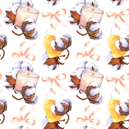 Dry cotton bolls, candles and silk pink ribbon. Seamless pattern, hand drawn watercolor illustration. For decor, design, textile, printing, wallpaperの写真素材