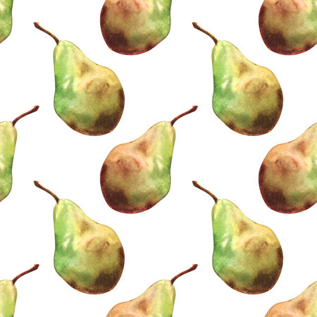 Pear green ripe. Simple seamless pattern, hand drawn watercolor illustration on white background. For design, decor, print, labels, product line, textileの写真素材