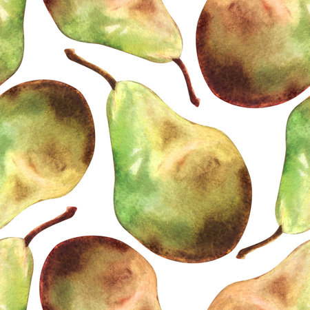 Pear green ripe. Tiled seamless pattern, hand drawn watercolor illustration on white background. For design, decor, print, labels, product line, textileの写真素材