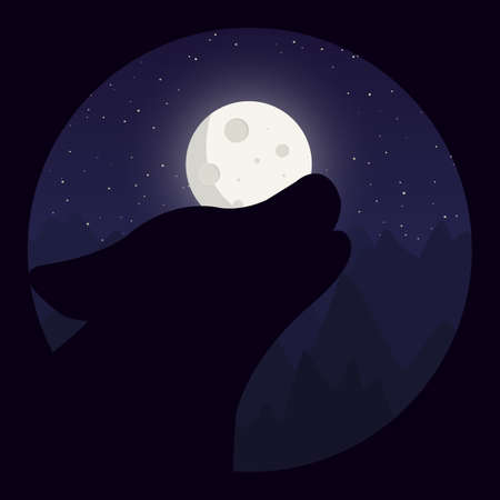 Night landscape with wolf icon in flat style