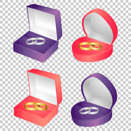 Wedding rings set of gold and silver metal in box on transparent background.のイラスト素材