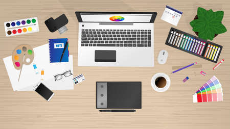Workplace of office worker, designer. Vector backgroundのイラスト素材
