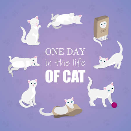 Vector set of cartoon images of cute different cat with different actions and emotions. Pet. Vector illustration. Positive character.のイラスト素材
