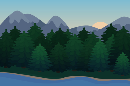Nature background of mountains panorama. Colorful sunset in wild valley. Vector Illustrationsのイラスト素材