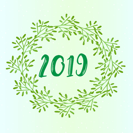 The new year 2019 is a beautiful idea for a greeting card. Green wreath close-up and snow pattern on a green gradient background.のイラスト素材