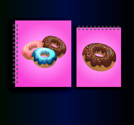 Two stylish notebooks for notes on a spring, notebooks for students with a bright neon print with donuts. Delicious and sweet donuts, cakes on a pink neon backgroundのイラスト素材