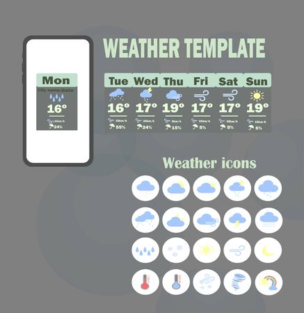 Weather template app. Vector template - weekly weather forecast for mobile application. Weather forecast flat icons collection.のイラスト素材