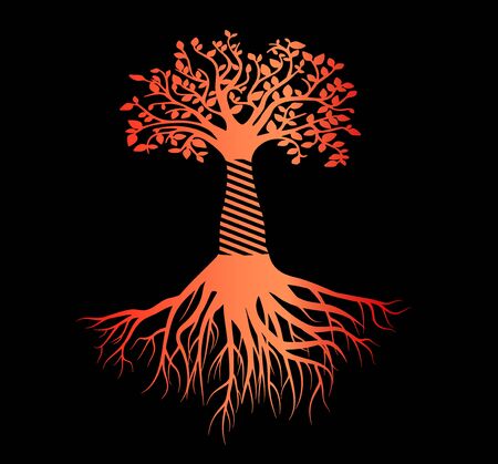 Sketch of tattoo tree of life - red gradient. Tree with roots. Flat icon neon design tree of life symbolのイラスト素材