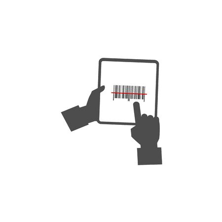 Flat design vector icon - reading barcode through a mobile application in a tablet, gadget. Vector tablet and barcode template. Tablet in hands - vector illustration on an outlined backgroundのイラスト素材