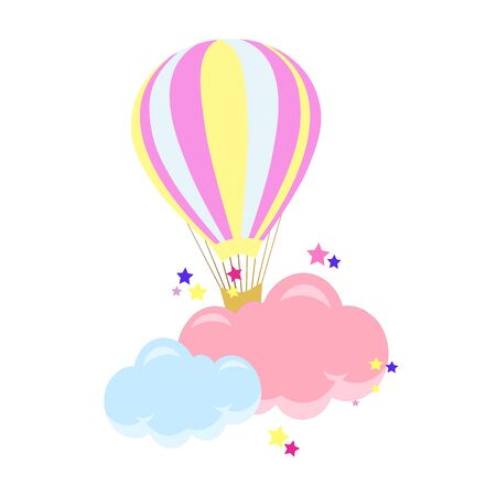 Cartoon hot air balloon with clouds and stars and a rainbowのイラスト素材